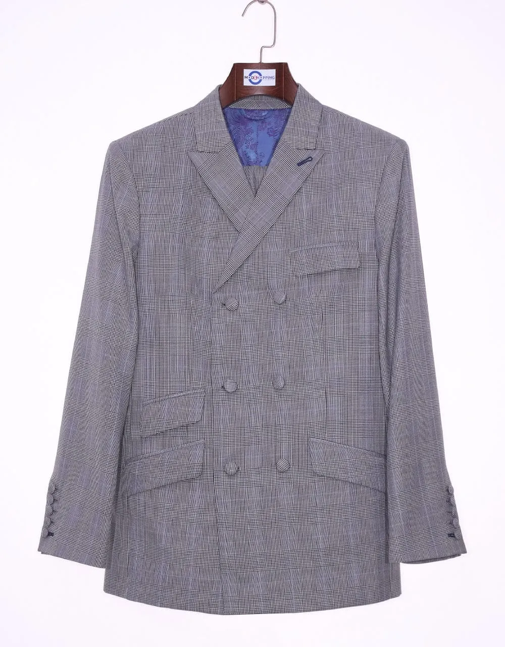 Grey Prince Of Wales Check Double Breasted Suit