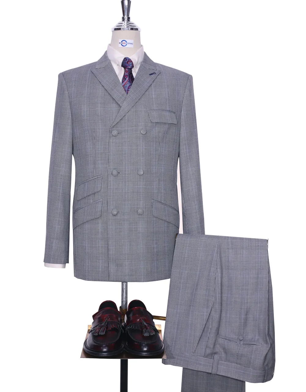 Grey Prince Of Wales Check Double Breasted Suit
