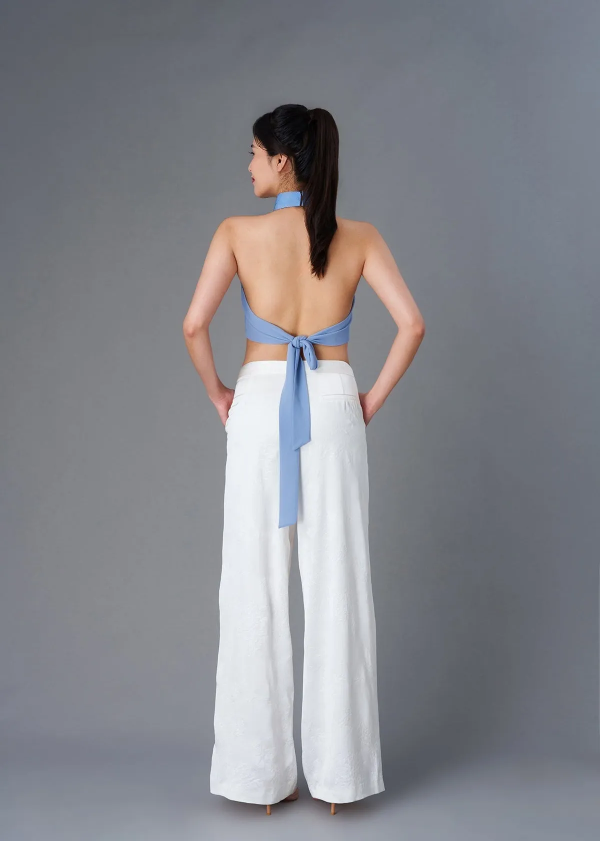 Halter Denim Tie Back Qipao Top (Denim Blue)