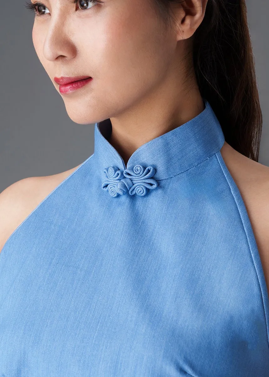 Halter Denim Tie Back Qipao Top (Denim Blue)