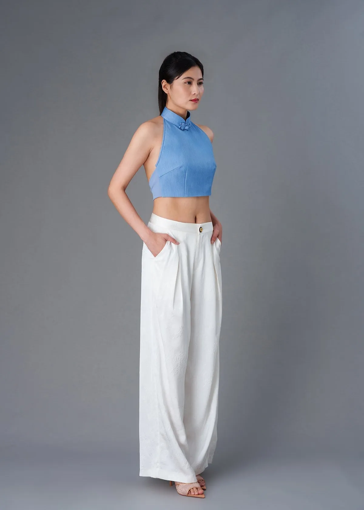 Halter Denim Tie Back Qipao Top (Denim Blue)