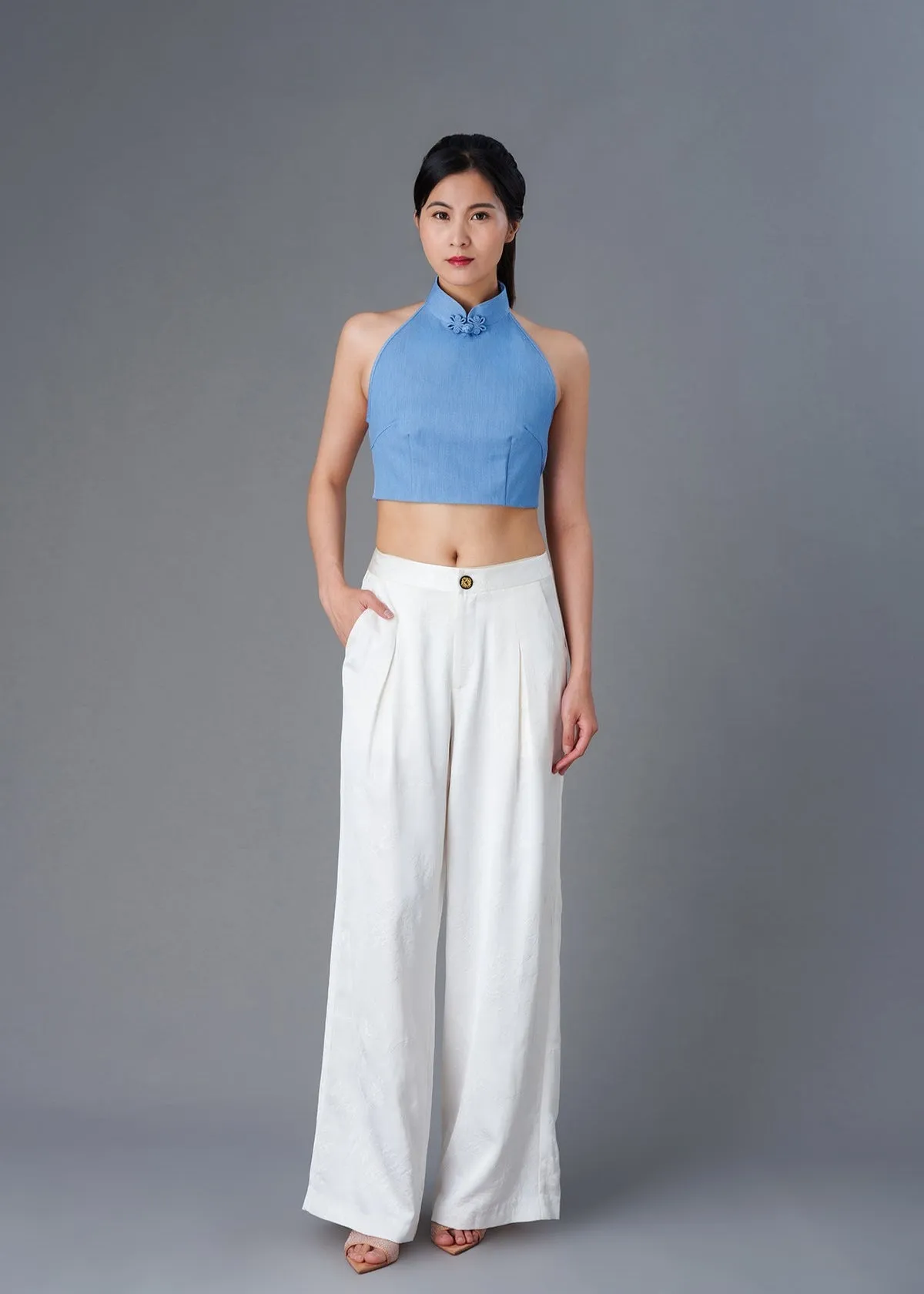 Halter Denim Tie Back Qipao Top (Denim Blue)