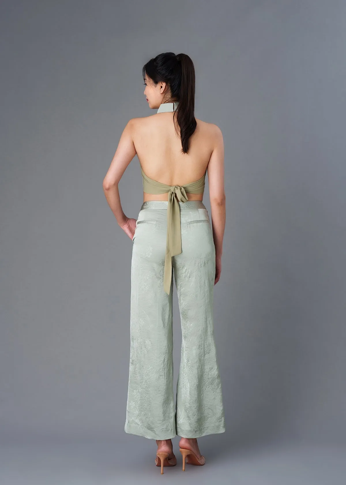 Halter Satin Tie Back Qipao Top (Bamboo Green)