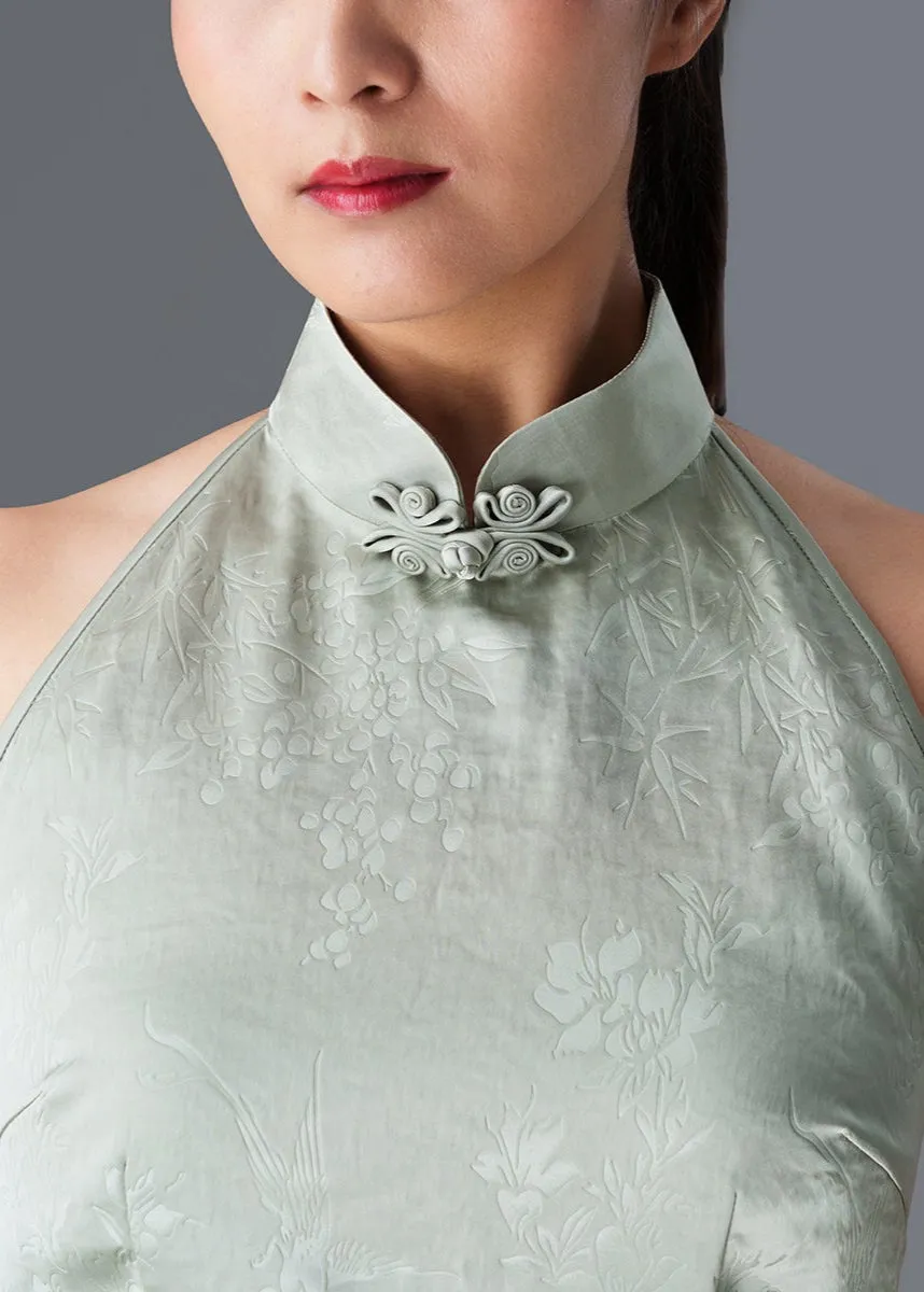 Halter Satin Tie Back Qipao Top (Bamboo Green)