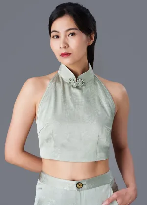 Halter Satin Tie Back Qipao Top (Bamboo Green)