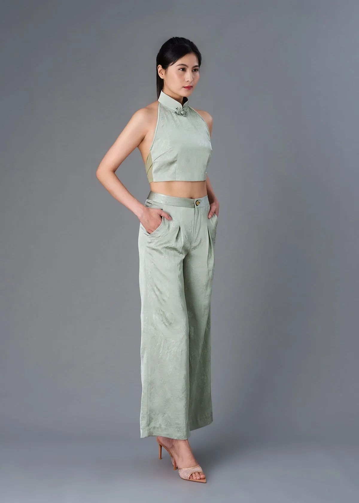 Halter Satin Tie Back Qipao Top (Bamboo Green)