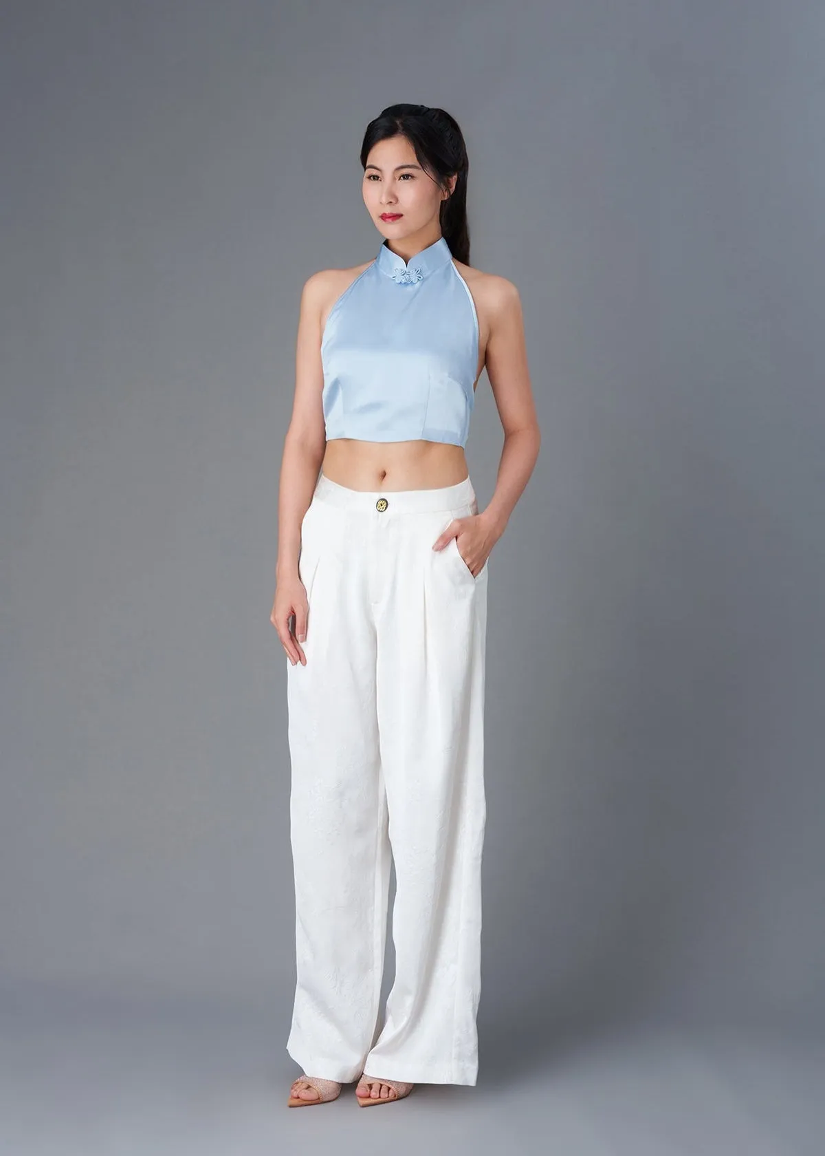 Halter Satin Tie Back Qipao Top (Light Blue)