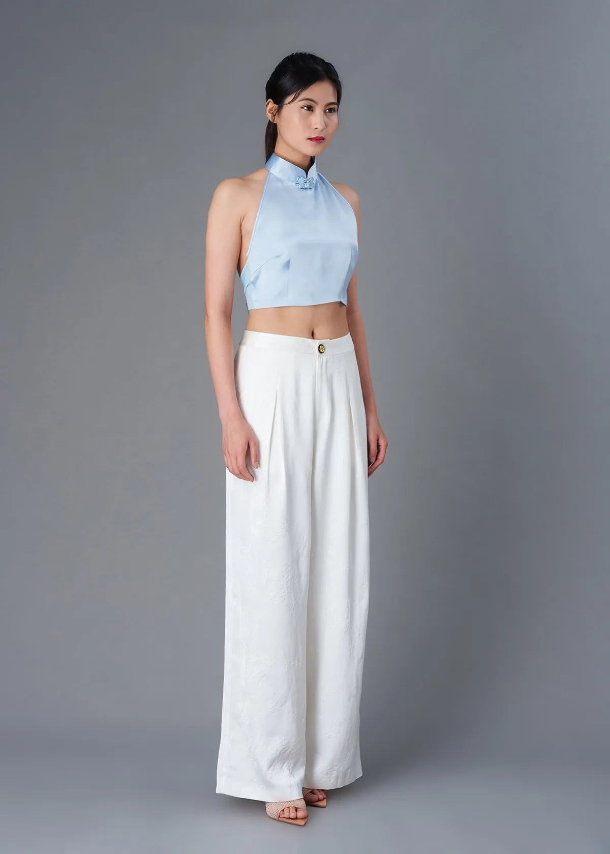 Halter Satin Tie Back Qipao Top (Light Blue)