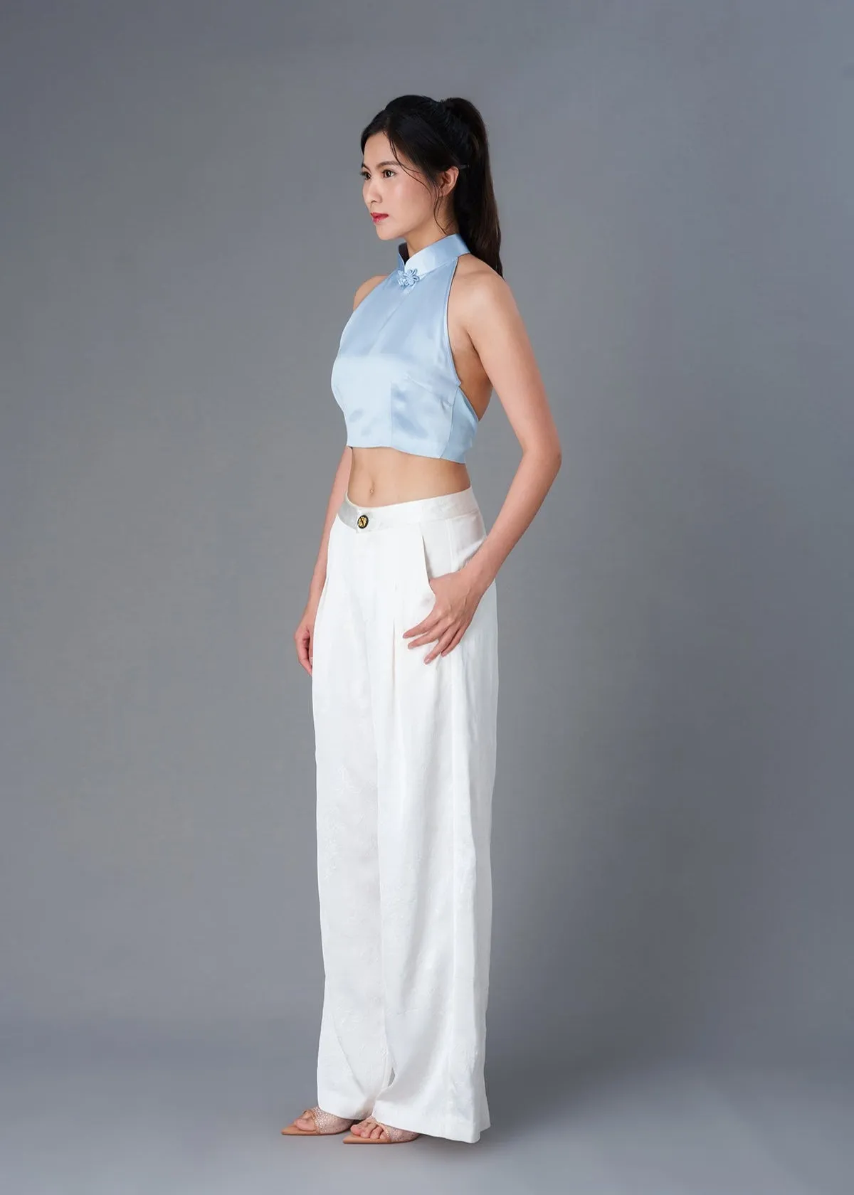 Halter Satin Tie Back Qipao Top (Light Blue)