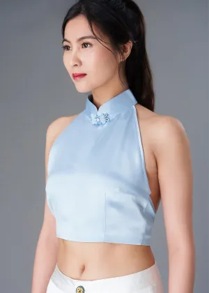 Halter Satin Tie Back Qipao Top (Light Blue)