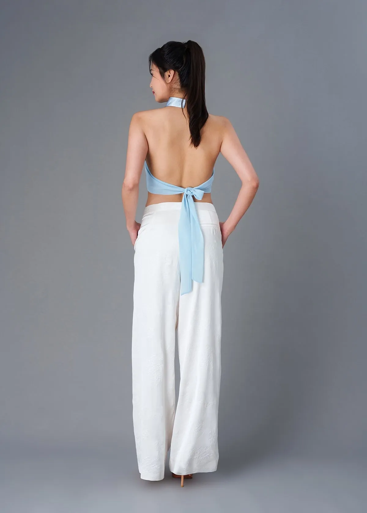 Halter Satin Tie Back Qipao Top (Light Blue)
