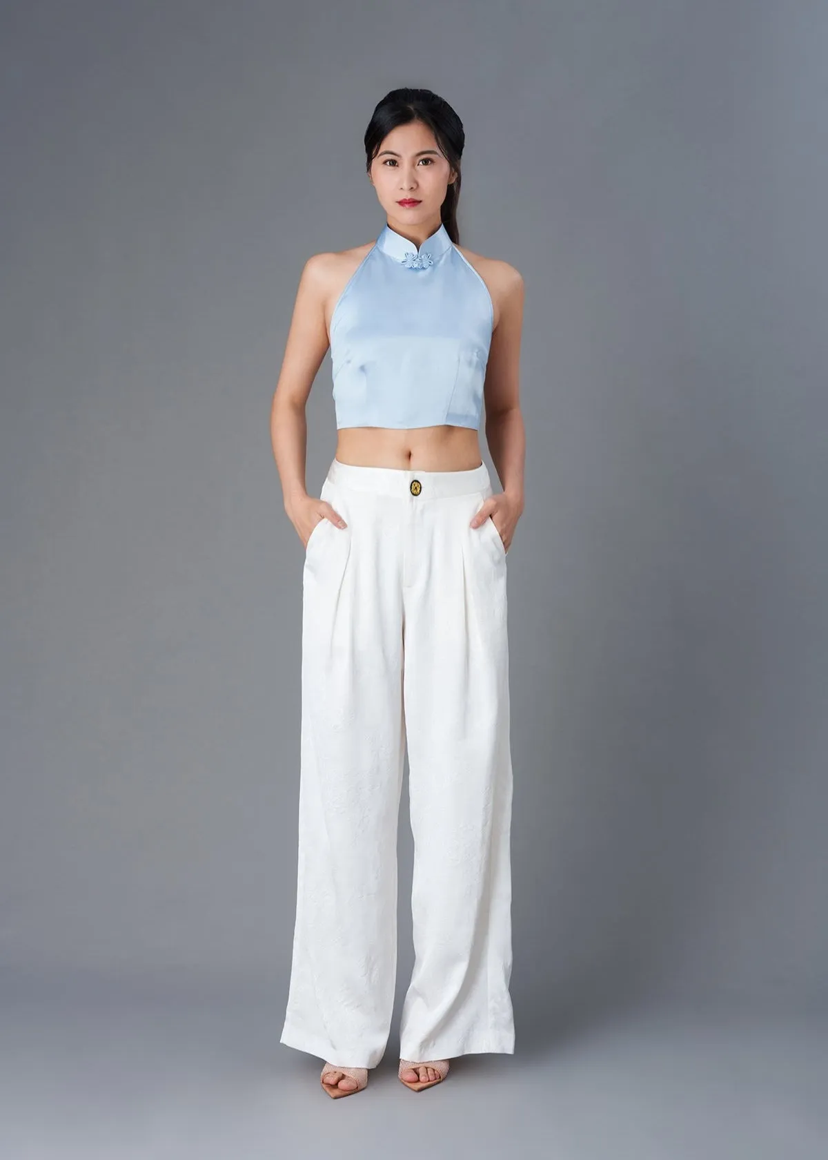 Halter Satin Tie Back Qipao Top (Light Blue)