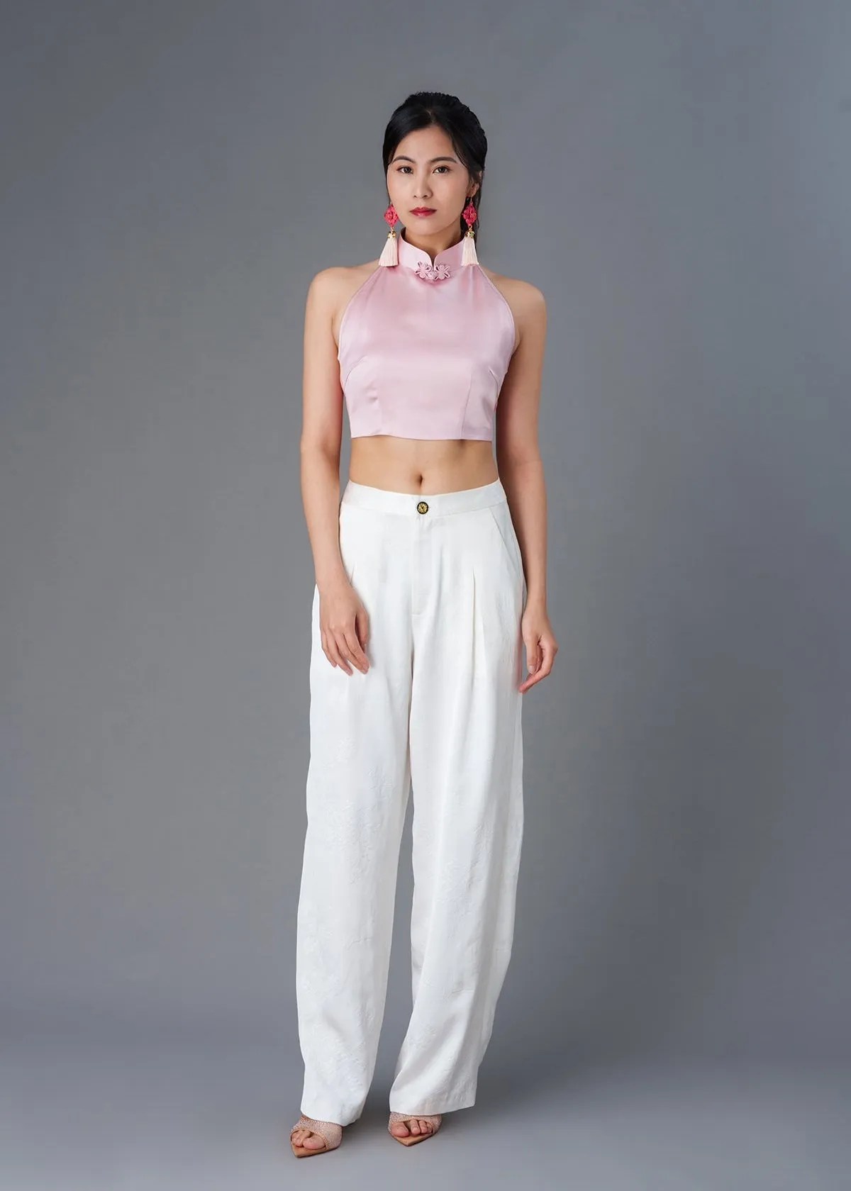 Halter Satin Tie Back Qipao Top (Pink)