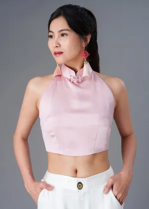 Halter Satin Tie Back Qipao Top (Pink)