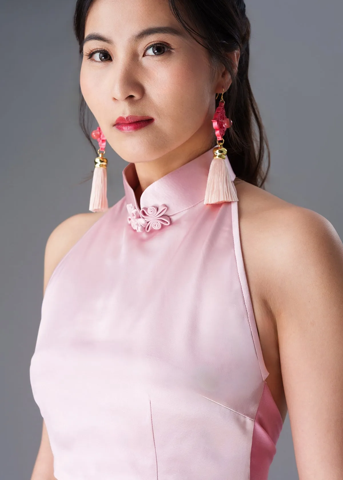 Halter Satin Tie Back Qipao Top (Pink)