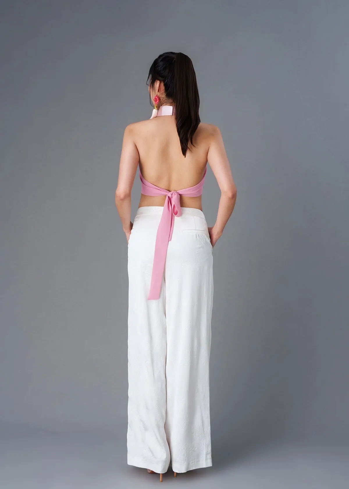 Halter Satin Tie Back Qipao Top (Pink)