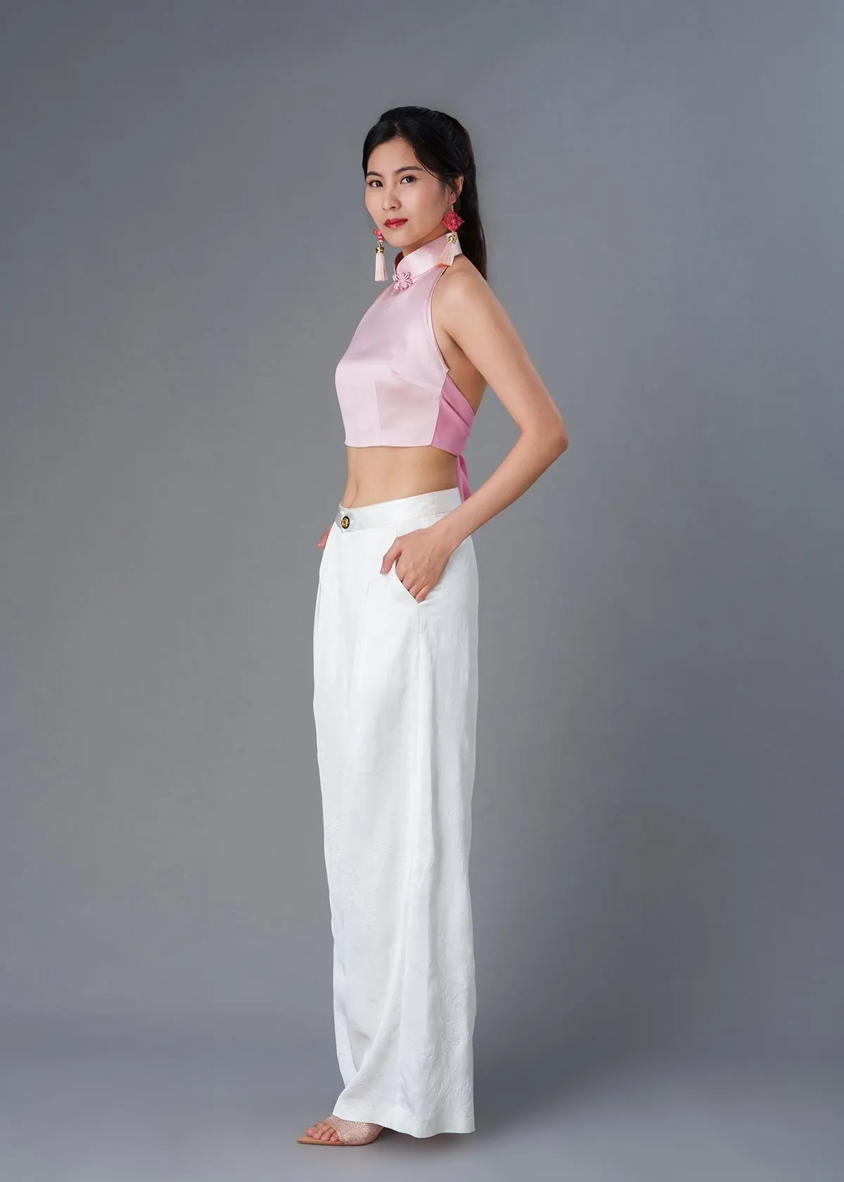 Halter Satin Tie Back Qipao Top (Pink)