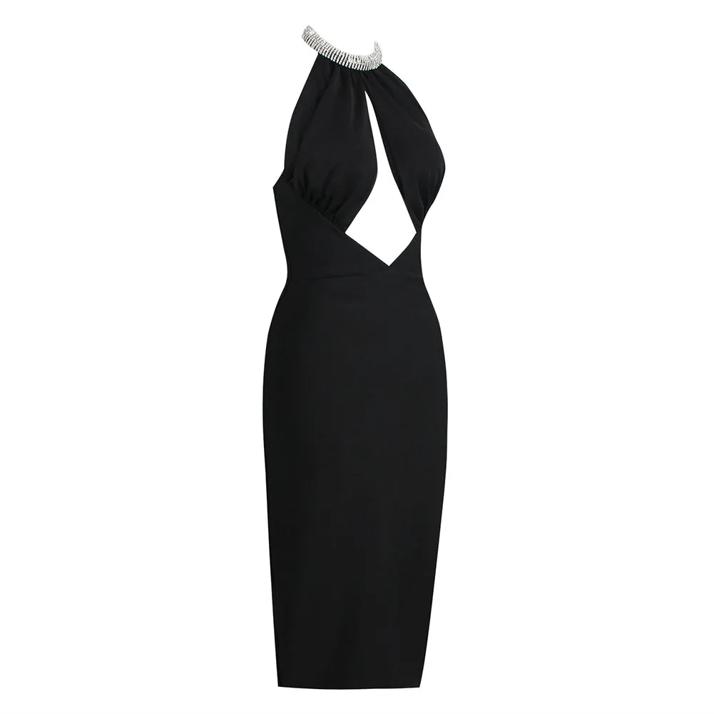 Halter Sleeveless Midi Drill Chain Bandage Dress HL8896