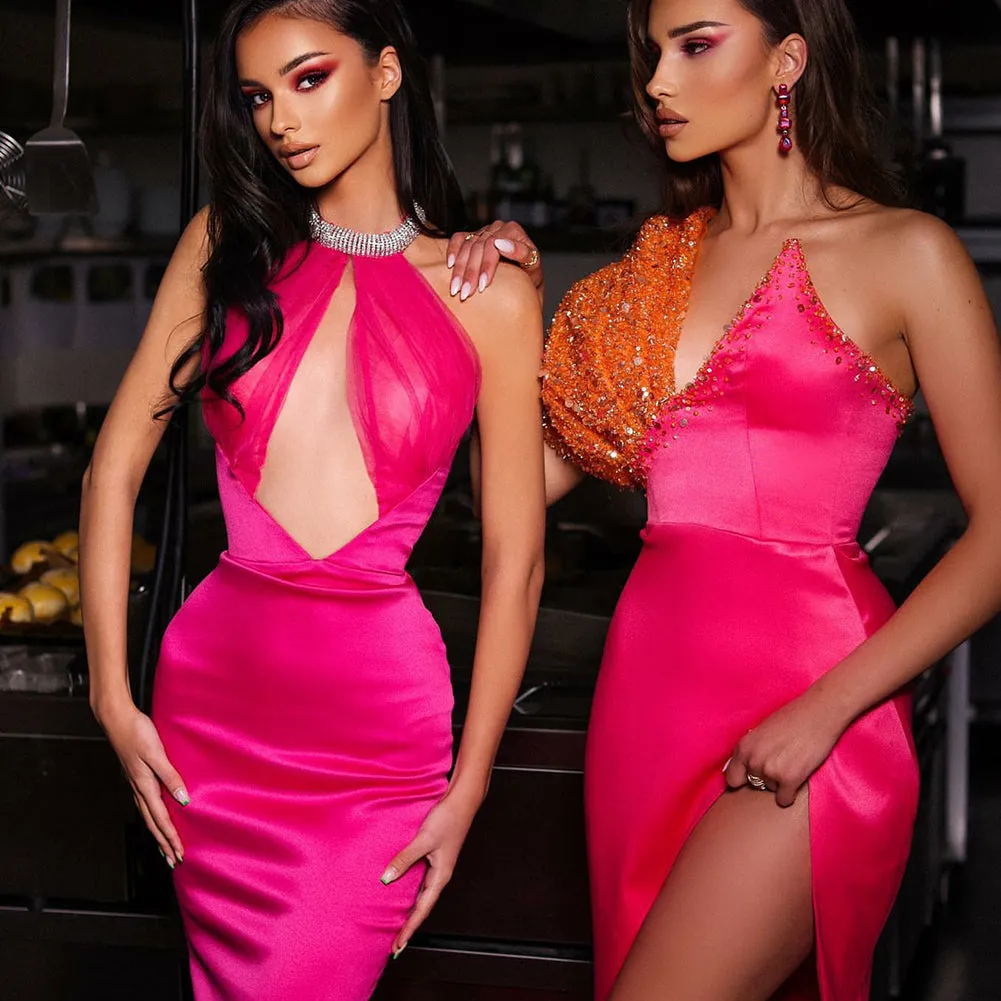 Halter Sleeveless Midi Drill Chain Bandage Dress HL8896