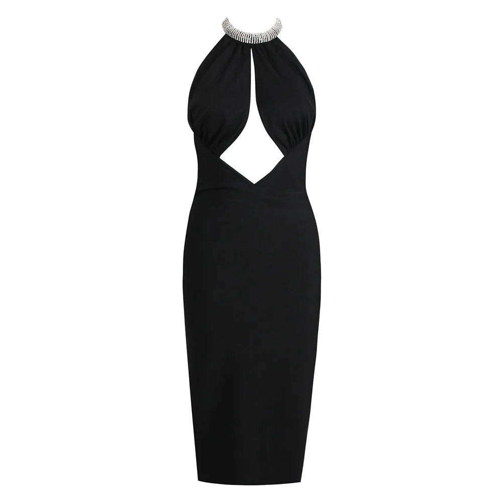 Halter Sleeveless Midi Drill Chain Bandage Dress HL8896