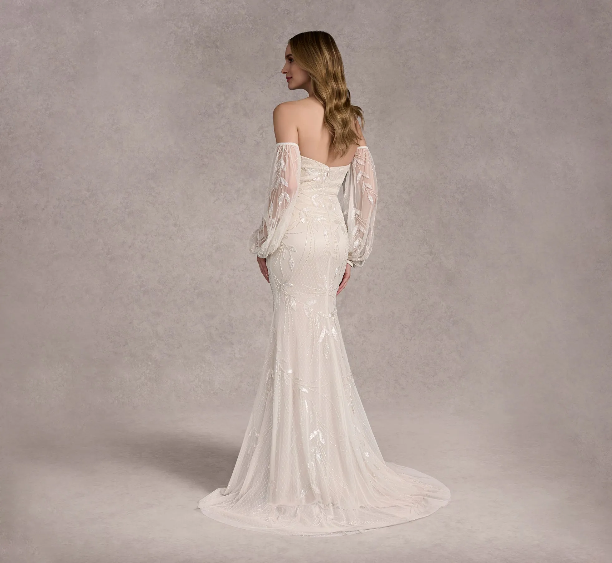 Hand Beaded Strapless Fit And Flare Gown With Detachable Puff Sleeves In Ivory/Pearl In Ivory Pearl