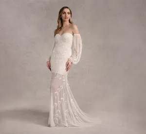 Hand Beaded Strapless Fit And Flare Gown With Detachable Puff Sleeves In Ivory/Pearl In Ivory Pearl