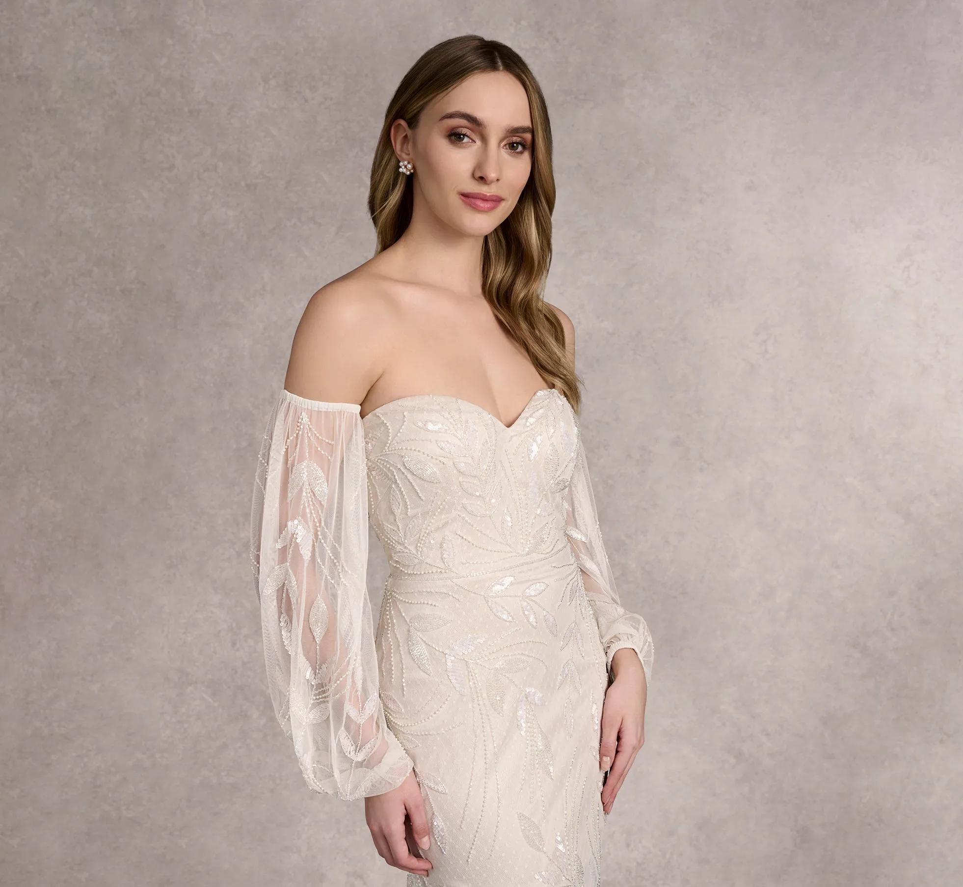 Hand Beaded Strapless Fit And Flare Gown With Detachable Puff Sleeves In Ivory/Pearl In Ivory Pearl