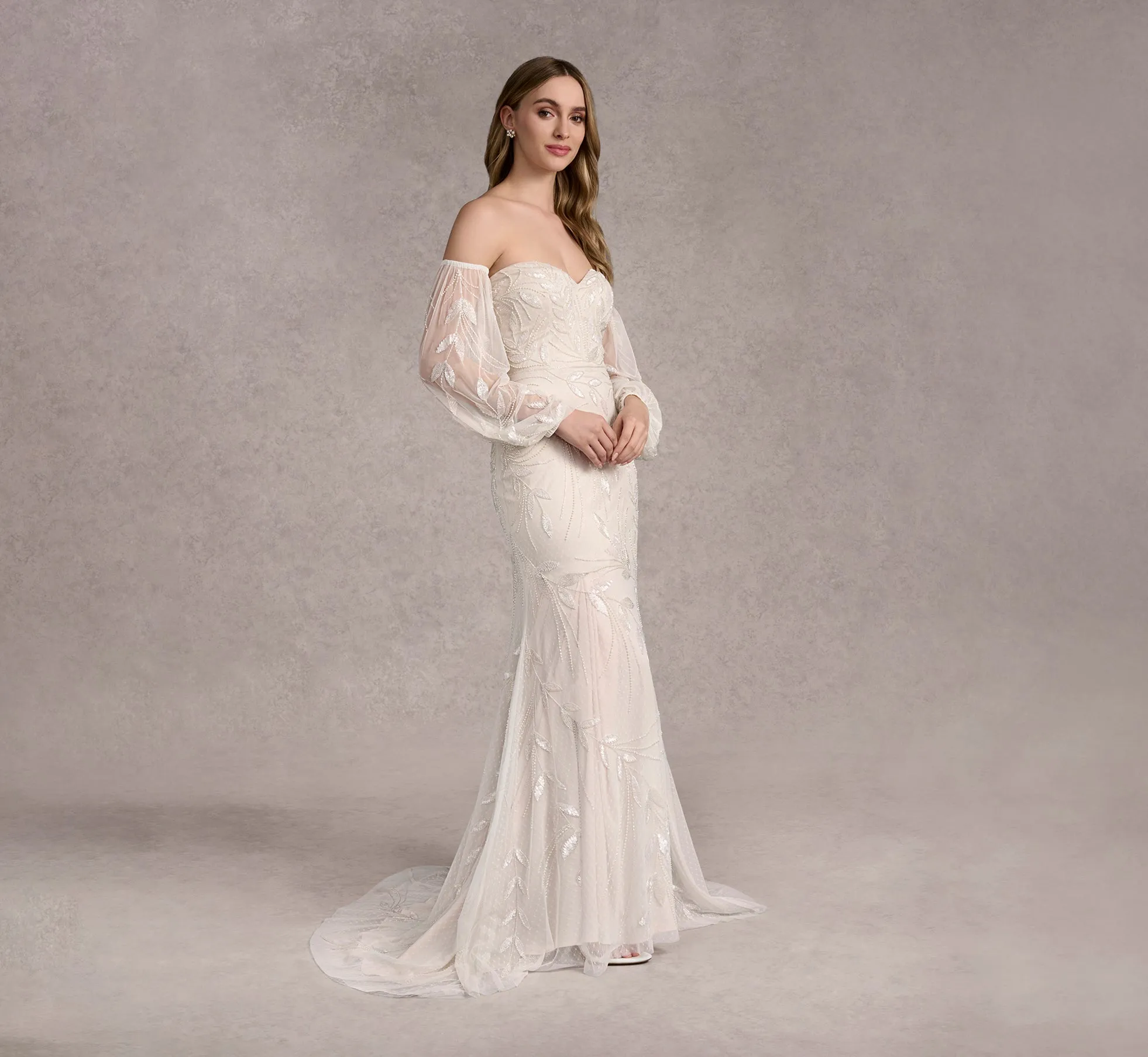 Hand Beaded Strapless Fit And Flare Gown With Detachable Puff Sleeves In Ivory/Pearl In Ivory Pearl