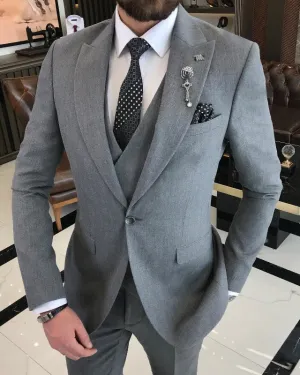 Handsome Dark Gray Three Pieces Peaked Lapel Slim Fit Business Men Suits