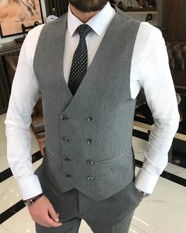 Handsome Dark Gray Three Pieces Peaked Lapel Slim Fit Business Men Suits