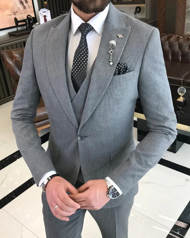 Handsome Dark Gray Three Pieces Peaked Lapel Slim Fit Business Men Suits