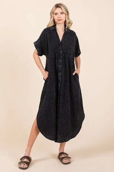 Hazel Blues® |  Mittoshop Mineral Wash V Neck Button Up Midi Shirt Dress