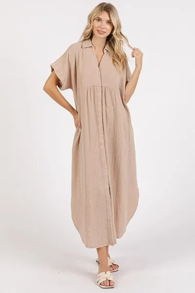 Hazel Blues® |  Mittoshop Mineral Wash V Neck Button Up Midi Shirt Dress