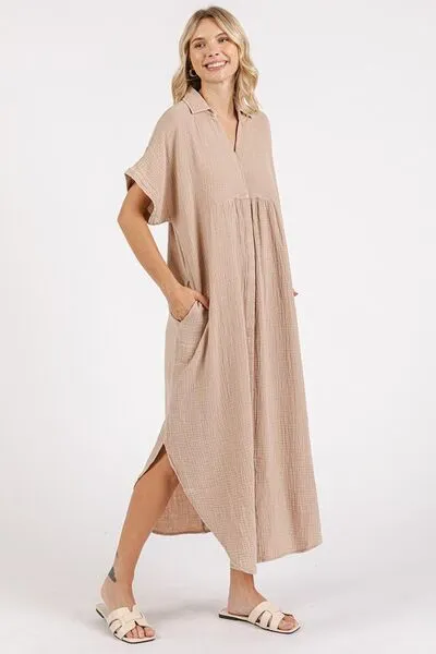 Hazel Blues® |  Mittoshop Mineral Wash V Neck Button Up Midi Shirt Dress