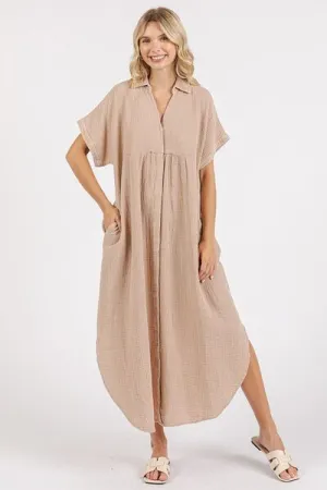 Hazel Blues® |  Mittoshop Mineral Wash V Neck Button Up Midi Shirt Dress