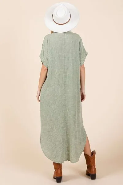 Hazel Blues® |  Mittoshop Mineral Wash V Neck Button Up Midi Shirt Dress