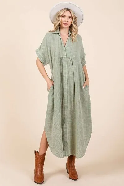 Hazel Blues® |  Mittoshop Mineral Wash V Neck Button Up Midi Shirt Dress