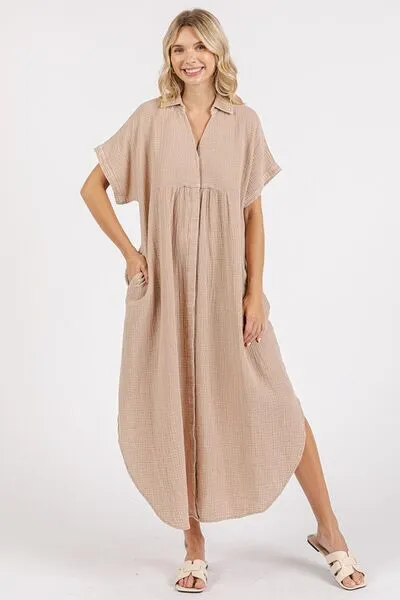 Hazel Blues® |  Mittoshop Mineral Wash V Neck Button Up Midi Shirt Dress