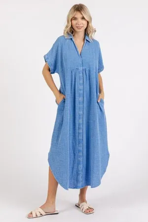 Hazel Blues® |  Mittoshop Mineral Wash V Neck Button Up Midi Shirt Dress