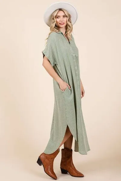 Hazel Blues® |  Mittoshop Mineral Wash V Neck Button Up Midi Shirt Dress