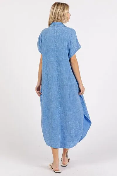 Hazel Blues® |  Mittoshop Mineral Wash V Neck Button Up Midi Shirt Dress