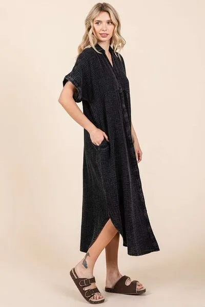 Hazel Blues® |  Mittoshop Mineral Wash V Neck Button Up Midi Shirt Dress
