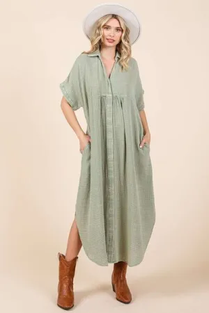 Hazel Blues® |  Mittoshop Mineral Wash V Neck Button Up Midi Shirt Dress