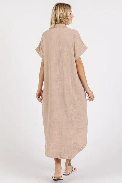 Hazel Blues® |  Mittoshop Mineral Wash V Neck Button Up Midi Shirt Dress