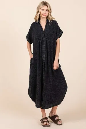 Hazel Blues® |  Mittoshop Mineral Wash V Neck Button Up Midi Shirt Dress