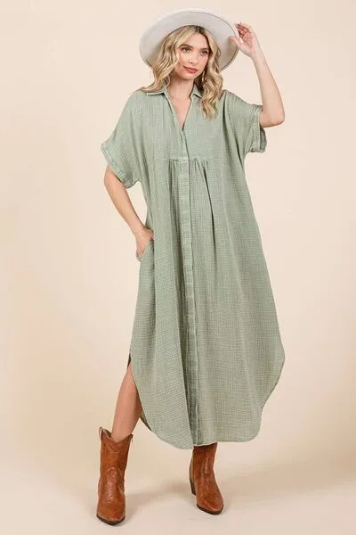 Hazel Blues® |  Mittoshop Mineral Wash V Neck Button Up Midi Shirt Dress