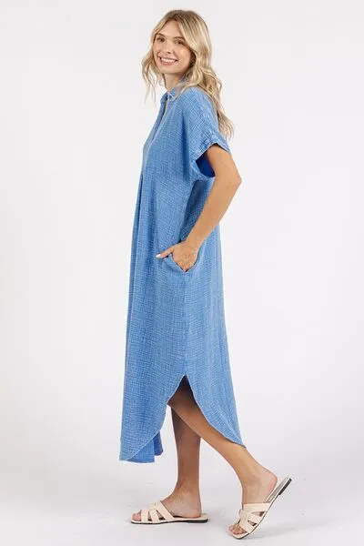 Hazel Blues® |  Mittoshop Mineral Wash V Neck Button Up Midi Shirt Dress