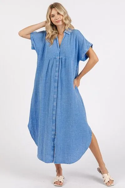 Hazel Blues® |  Mittoshop Mineral Wash V Neck Button Up Midi Shirt Dress