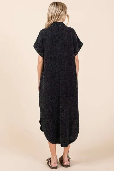 Hazel Blues® |  Mittoshop Mineral Wash V Neck Button Up Midi Shirt Dress