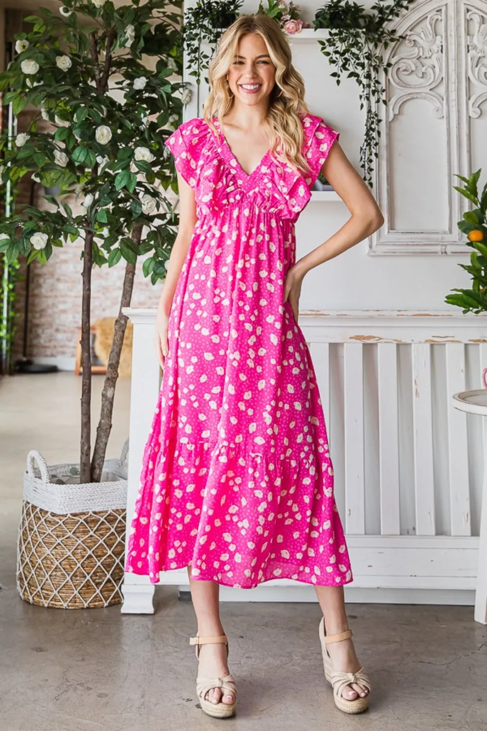 Hazel Blues® |  Reborn J Printed V-Neck Ruffle Trim Tiered Midi Dress